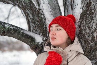 Güzel bir kızın portresi düşünceli bir şekilde uzaklığa bakıyor. Kırmızı örgü şapkalı ve eldivenli genç kadın karla kaplı ağacın yanında duruyor.