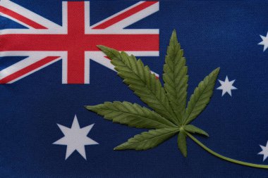 Avustralya bayrağı ve büyük yeşil kenevir yaprağı. Yasadışı tarım ve dağıtım. Tıbbi kullanım