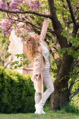 Parktaki çiçek açan ağacın yanında genç bir kadının tam boy portresi. Kız baharda sevinir. Dikey çerçeve
