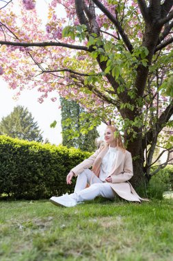 Çekici, gülümseyen genç bir kadın çimlerin üzerinde çiçek açan parkta oturuyor, ılık bir bahar günü. Çekici kız dinleniyor. Dikey çerçeve