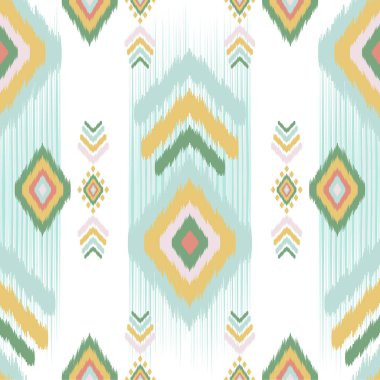 Güneybatı Biçimli Ikat Motifleri, Elmas Şekilleri, Zigzag Çizgileri, Yumuşak Yeşil Etnik Boho Tasarımı, Hardal, Blush ve Tekstil & Dekor İçin Su Renkleri