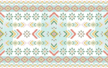 Güneybatı Biçimli Ikat Motifleri, Elmas Şekilleri, Zigzag Çizgileri, Yumuşak Yeşil Etnik Boho Tasarımı, Hardal, Blush ve Tekstil & Dekor İçin Su Renkleri