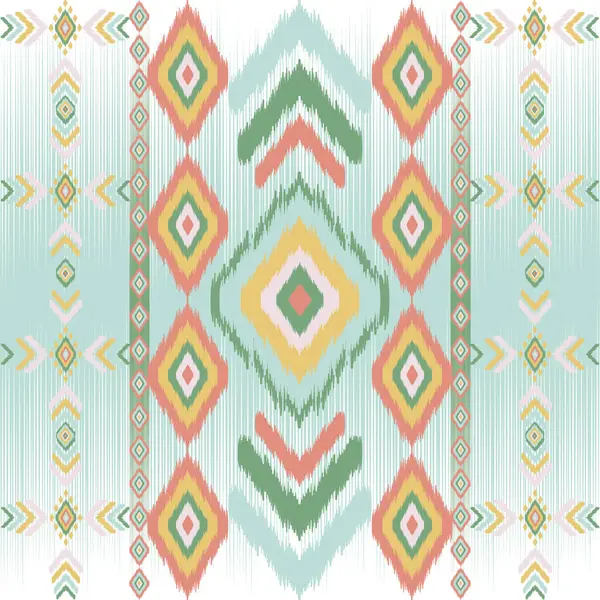 Güneybatı Biçimli Ikat Motifleri, Elmas Şekilleri, Zigzag Çizgileri, Yumuşak Yeşil Etnik Boho Tasarımı, Hardal, Blush ve Tekstil & Dekor İçin Su Renkleri