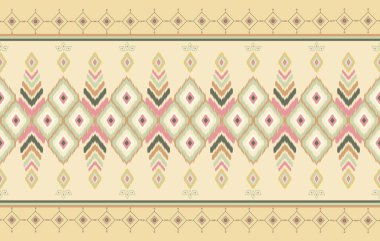 Güneybatı Biçimli Ikat Motifleri, Elmas Şekilleri, Zigzag Çizgileri, Yumuşak Yeşil Etnik Boho Tasarımı, Hardal, Blush ve Tekstil & Dekor İçin Su Renkleri