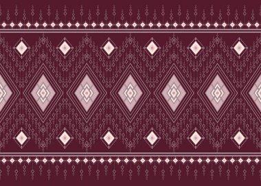 Seamless Traditional Thai Fabric Pattern, Geometric Ethnic Border Design, Burgundy and Pink Diamond Pattern, Paisley Flower Textile Motif clipart