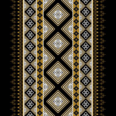 Kusursuz Etnik Tenon Deseni, Siyah ve Altın Jeometrik Tasarım, Geleneksel Endonezya Batik Motifi, Soyut Kabile Sınır Şablonu