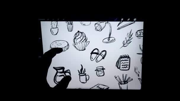 Екрані Гаджета Цифровий Малюнок Дрібних Елементів Каракулі Широкий Знімок Збільшення — стокове відео