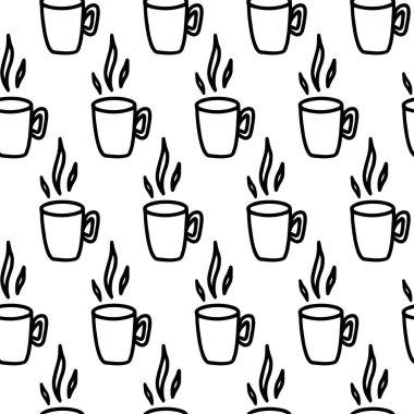 Bir fincan kahve, çikolata, kakao, americano ya da cappuccino ile el yapımı dikişsiz desen. Doodle kupası beyaz arka planda izole edildi. Yetişkinler ve çocuklar boyama sayfası, boyama kitabı, kafe tasarımı.