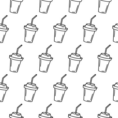 Beyaz arka planda bir bardak kahve, çikolata, kakao, americano ya da cappuccino ile el yapımı dikişsiz desen. Doodle cam ikonu. Tüple sarın. Yetişkin ve çocuk boyama sayfası.