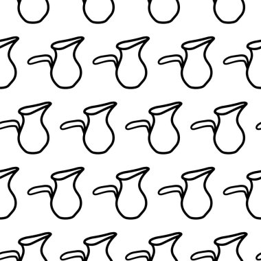 Sürahi kusursuz desen. Sürahi simgesi olan karalama deseni beyaz arkaplanda izole edildi. Kahve ya da restoran dekorasyon menüsü için sürahi ambalaj kağıdı ve duvar kağıdı. El çizimi sürahi ana hatlı mürekkep, boyama.