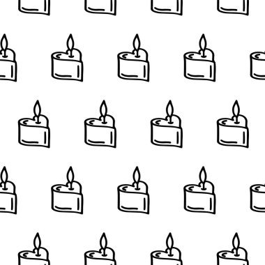 Yanan kalp şeklinde mum, pürüzsüz desen. Kalp mumu izole edilmiş karalama deseni. Mum ambalajı ve hediye olarak duvar kağıdı, spa salonu, aromaterapi, Sevgililer Günü. Kalp mumu.