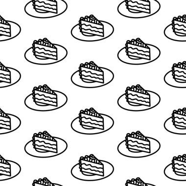Tabakta kusursuz bir desen var. Kek kalıbının karalama parçası. Çizgi film pastası kağıdı, kafe ya da restoran dekorasyon menüsü için duvar kağıdı. Tatlı, Pasta Günü boyama sayfası.