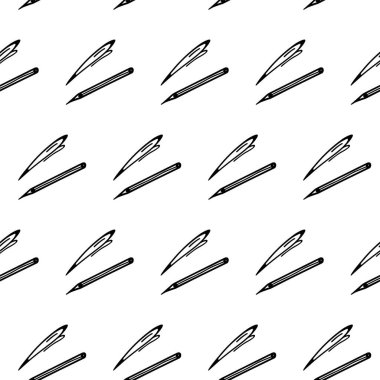 Elle çizilmiş kalem, dikişsiz desen. Kalem ve kalemle çizim şekli. Kalem, kalem kağıdı, okul tasarımı için duvar kağıdı, tekstil, dekorasyon. Okul malzemeleri, yetişkin, çocuk boyama sayfası.