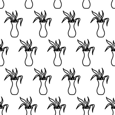 Saksıda çiçek, pürüzsüz desen. Doodle Houseplant 'ın ana hatları. Çizgi film draacaena çiçeğinin sapları ve yaprakları var. Paketleyici, hediye için duvar kağıdı, tekstil, dekorasyon. Çiçek özeti.