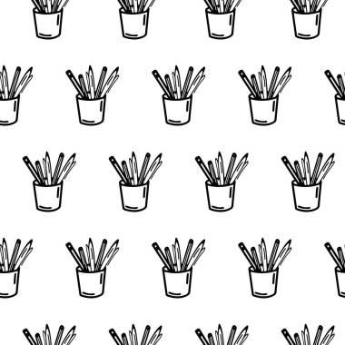 Kalemleri ve dikişsiz kalemleri olan bir fincan. Kalemli bardakla karalama kalıbı. Kalem ambalajlı bardak, okul tasarımı için duvar kağıdı, tekstil, dekorasyon. Okul yetişkin boyama sayfası sağlıyor.