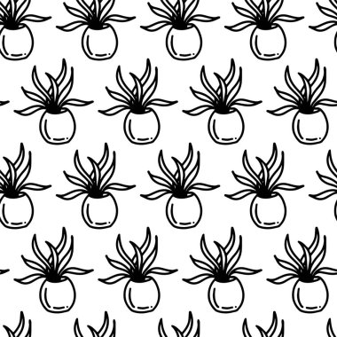 Saksıda çiçek, pürüzsüz desen. Doodle Houseplant 'ın ana hatları. Yapraklı ve saplı karikatür çiçeği. Paketleyici, hediye için duvar kağıdı, tekstil, dekorasyon. Çiçek deseni ana hatları.
