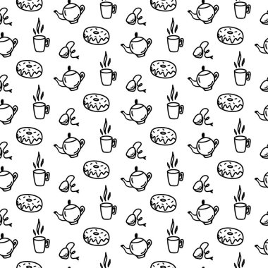 Kettle, kahve demliği, jöleli çörek, çay poşeti, bir fincan çay, beyaz arka planda izole edilmiş sıcak kahve. Sanat eserlerinde tatlı ikon ambalajı ve çocuk boyama sayfası