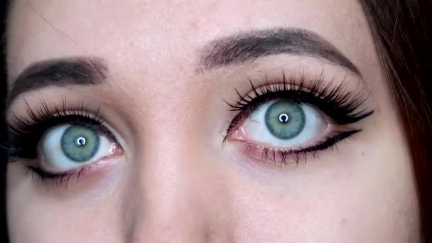 Mujer Joven Con Maquillaje Ojos Impresionante Admira Delante Cámara Las — Vídeo de stock