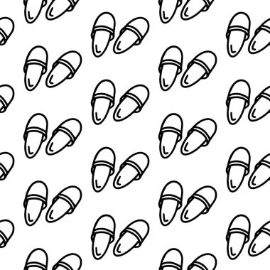 Terlikler, terlikler, parmak arası terlikler. Beyaz üzerine izole edilmiş terliklerle karalama çizgisi deseni. Terlik ambalajı, yatak odası için duvar kağıdı, tekstil, dekorasyon, pijama. Çizilmiş yetişkin boyama sayfası, kitap.