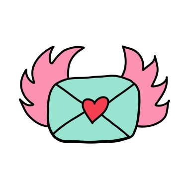 Üzerinde kalp damgası ve kanatları olan uçan bir zarf. El, beyaz arka planda izole edilmiş kanatları ve pembe kalbi olan sevimli bir zarf çizmiş. Sevgililer Günü için ilan-ı aşk mektubunu zarfa koy.