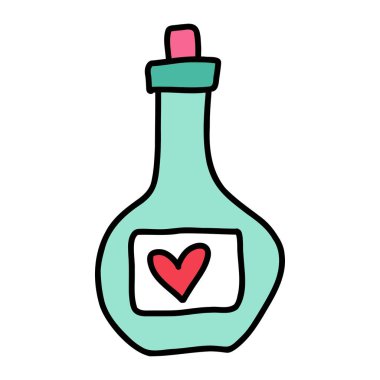 Aşk iksiri şişesi ahşap mantarlı ve kalbi beyaz karalama tarzında izole. Sevgililer Günü için aşk iksiri çizdim, düğünler. Büyüleyici anlar için ideal aşk iksiri, romantik kutlamalar.