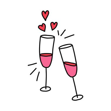 Bir çift şampanya kadehi aşk iksiri ve karalama tarzında izole edilmiş bir kalp. Sevgililer Günü ve düğünler için el yapımı aşk iksiri. Sevgililer gününde romantizm için aşk iksirini kullan..
