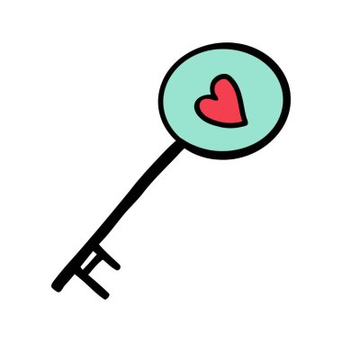 Key with red heart in doodle style isolated on white. Hand drawn heart key, perfect for symbolizing love, unlocking hearts on Valentines Day. Ideal heart key design for romantic gifts, decorations.