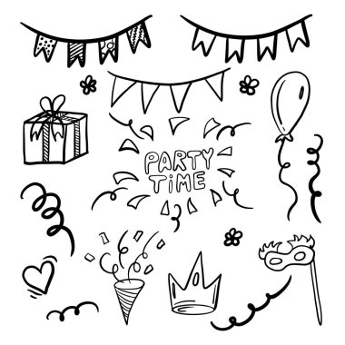 Vector hand drawn party elements for birthday celebration Doodle garland, flag fireworks confetti, balloon, present gift clapperboard crown carnival mask heart. Scribble line wavy swirls, twirls
