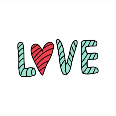 Ortasında kalp olan renkli çizgili bir aşk. Sevgililer Günü için el yapımı tasarım, aşk ve flört. Yaratıcı tipografi ile aşkı ifade etmenin eğlenceli ve eğlenceli bir yolu. Sevgililer Günü Kutlaması