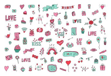 Sevgililer Günü seti, karalama tarzında aşk öğeleri. Beyaz arka planda el çizimi şirin set. Sevgililer Günü ya da düğün için romantik vektör unsurları. Aşk elementleri ve aşk sembolleri