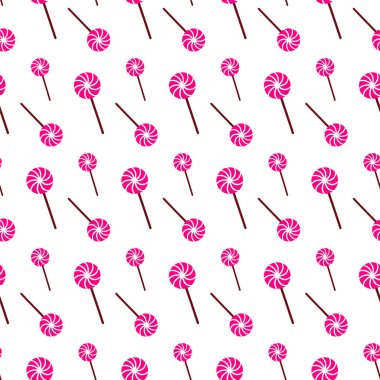 Cadılar Bayramı şekerleri, kıvrımlı lolipoplar ve şenlikli ürkütücü şekillerde. Beyaz arka planda pembe lolipop tekrarlanıyor. Tatlı mevsimlik tasarım, ambalaj, hediye için dekoratif Cadılar Bayramı lolipopu.