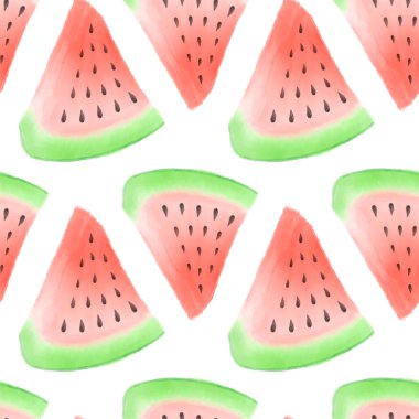Sulu dilimli suluboya karpuz desenli. El boyası karpuz parçaları taze yaz tarzında. Vejetaryen yemek severler için yaz meyvesi tazeleme, karpuz modası arka plan, paketleme.