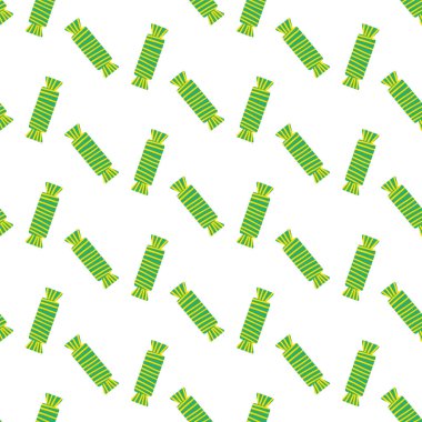 Kusursuz desenli paketlenmiş şeker, çikolata ve yeşil ambalaj. Karamelli şekerleme ve çizgili şeker. Duvar kağıdı, parti ambalajı veya yaratıcı tatlı temalı sanat için şekerleme temalı desen