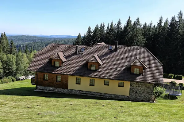 Großes Wohnhaus Grasbewachsenen Hang Mit Wald Der Nähe Sonnigen Tagen — Stockfoto
