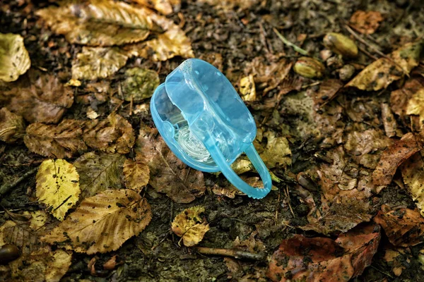 Pequeña Caja Azul Plástico Abierto Con Maniquí Follaje — Foto de Stock