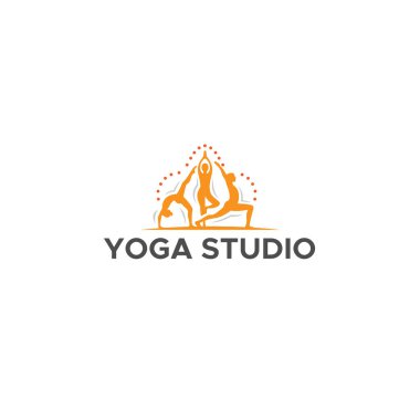 Modern renkli YOGA STUDIO insan logosu tasarımı Vector çizimi modern stüdyoda eğitmenle yoga yapan çok ırklı genç insanlar grubu için uygundur