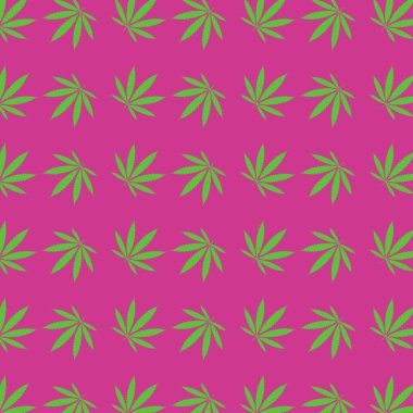 Marihuana kenevir yaprağı sembolü yeşil ve pembe palette pürüzsüz deseni tekrarlıyor.