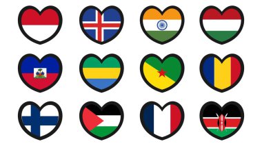 Kalp şeklinde ulusal bayraklar vektör illüstrasyon tasarımını belirledi. Ülke bayrakları koleksiyonu.