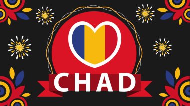 Bayrak renkleri, geometrik şekilleri ve tipografisi olan Çad Ulusal Gündüz Sancak Tasarımı. Havai fişekler ve kurdele elementleri.