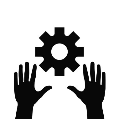 Gri ölçekli el ve dişli simgesi beyaz arkaplanda izole.