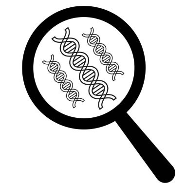 Gri ölçekli büyüteç ve DNA simgesi beyaz arkaplanda izole edildi.
