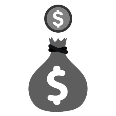 Para çantası ve dolar işareti simgesi gri ölçekte beyaz arkaplanda izole.