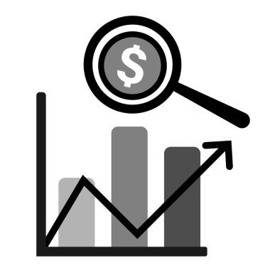 Büyüteç, çubuk grafik ve dolar işareti simgesi gri ölçekte beyaz arkaplanda izole edilmiş..
