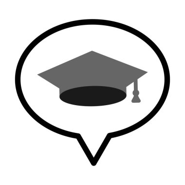 Konuşma balonu ve mezuniyet şapka simgesi gri ölçekte beyaz arkaplanda izole.