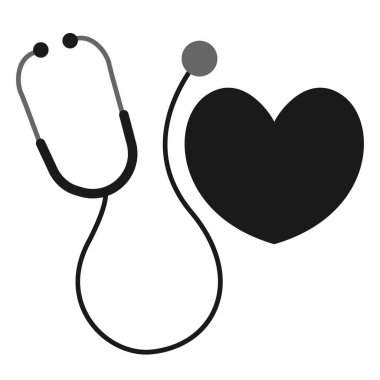 Gri ölçekli steteskop ve kalp simgesi beyaz arkaplanda izole edildi.