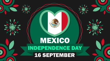 Meksika Bağımsızlık Günü taşıyıcı pankartı, geometrik şekiller ve yatay arkaplanda canlı renkler. Mutlu Meksika Bağımsızlık Günü Modern minimal poster.