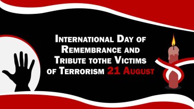 Terörizm mağdurları için Uluslararası Anma ve Övgü Günü. Geometrik şekilleri ve yatay arkaplanda canlı renkleri olan bir pankart tasarımı. Terörizm mağdurlarına Anma ve Övgü Gününüz kutlu olsun.
