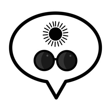 Konuşma baloncukları, güneş gözlükleri ve gri ölçekli güneş ikonu beyaz arkaplanda izole.