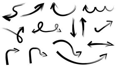 Beyaz arkaplanda izole edilmiş ince siyah oklar içinde mürekkep el çizimi ok karalama koleksiyonu