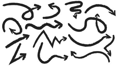 Beyaz arkaplanda izole edilmiş ince siyah oklar halinde el çizimi ok karalama koleksiyonu